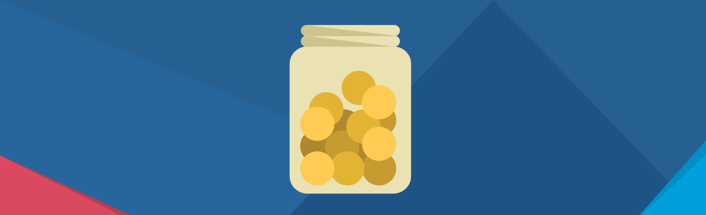 Dark blue banner showing a cartoon illustration of coins in a see-through jar