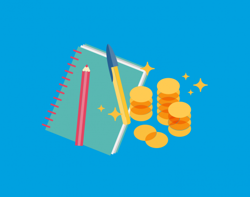 An illustration of a notepad, pencil, pen and shining piles of coins against a blue background with origami shapes decorating the corners