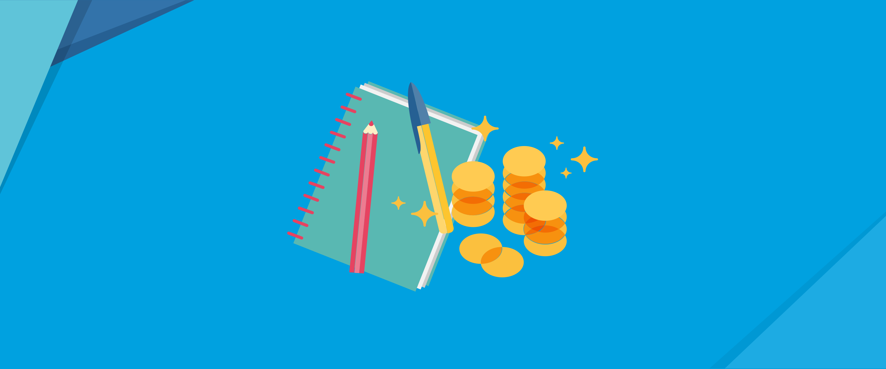 An illustration of a notepad, pencil, pen and shining piles of coins against a blue background with origami shapes decorating the corners
