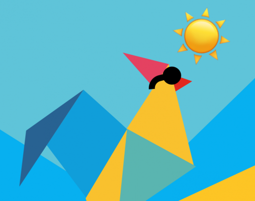 The RoosterMoney logo wearing sunglasses, with an emoji sun behind it and a sunset-like multi-coloured origami pattern as the background