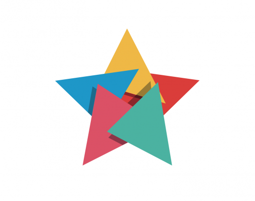 Illustration of a multi-coloured origami star on white with decorative origami in the corners