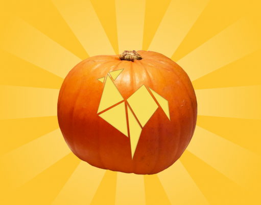 Illustration of a shining RoosterMoney logo carved Halloween pumpkins on a gold background with decorative origami in the corners