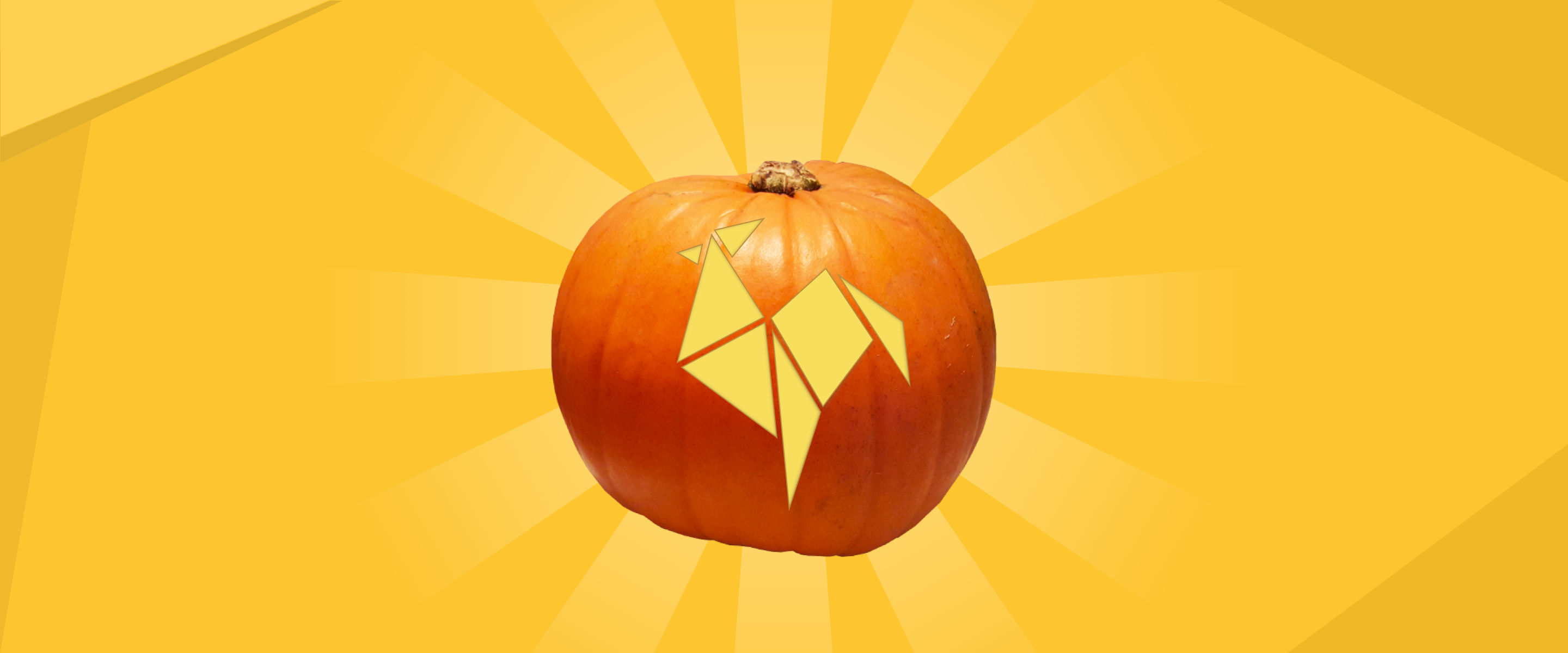 Illustration of a shining RoosterMoney logo carved Halloween pumpkins on a gold background with decorative origami in the corners