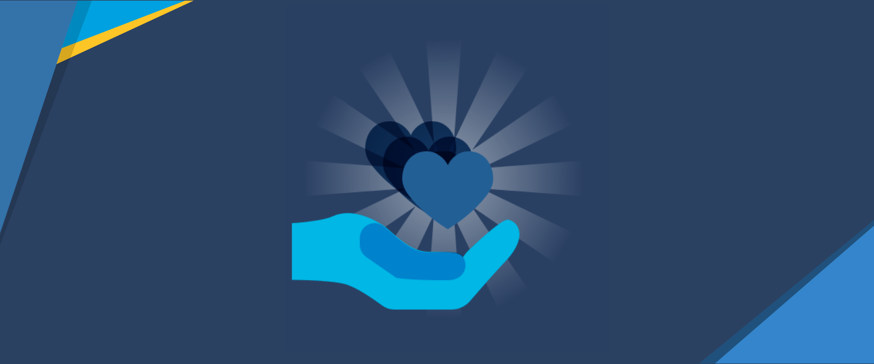 Cartoon open palm with a shining blue heart above it, on a dark navy blue background with origami in the corners