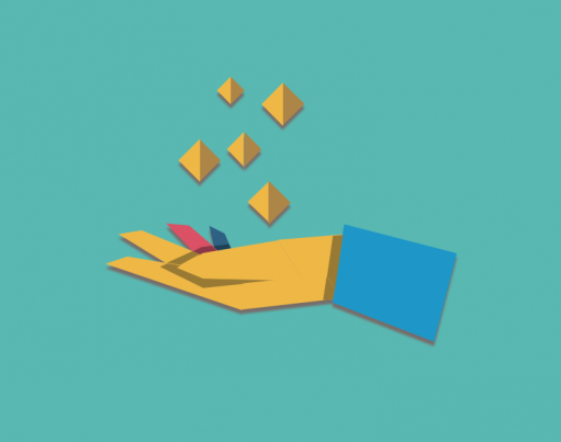 Illustration of an open hand with coins above it, on a teal background with origami overlaid in the corners