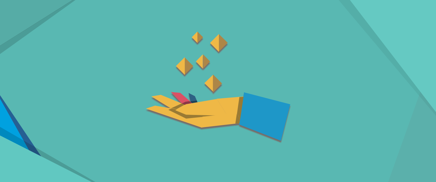 Illustration of an open hand with coins above it, on a teal background with origami overlaid in the corners