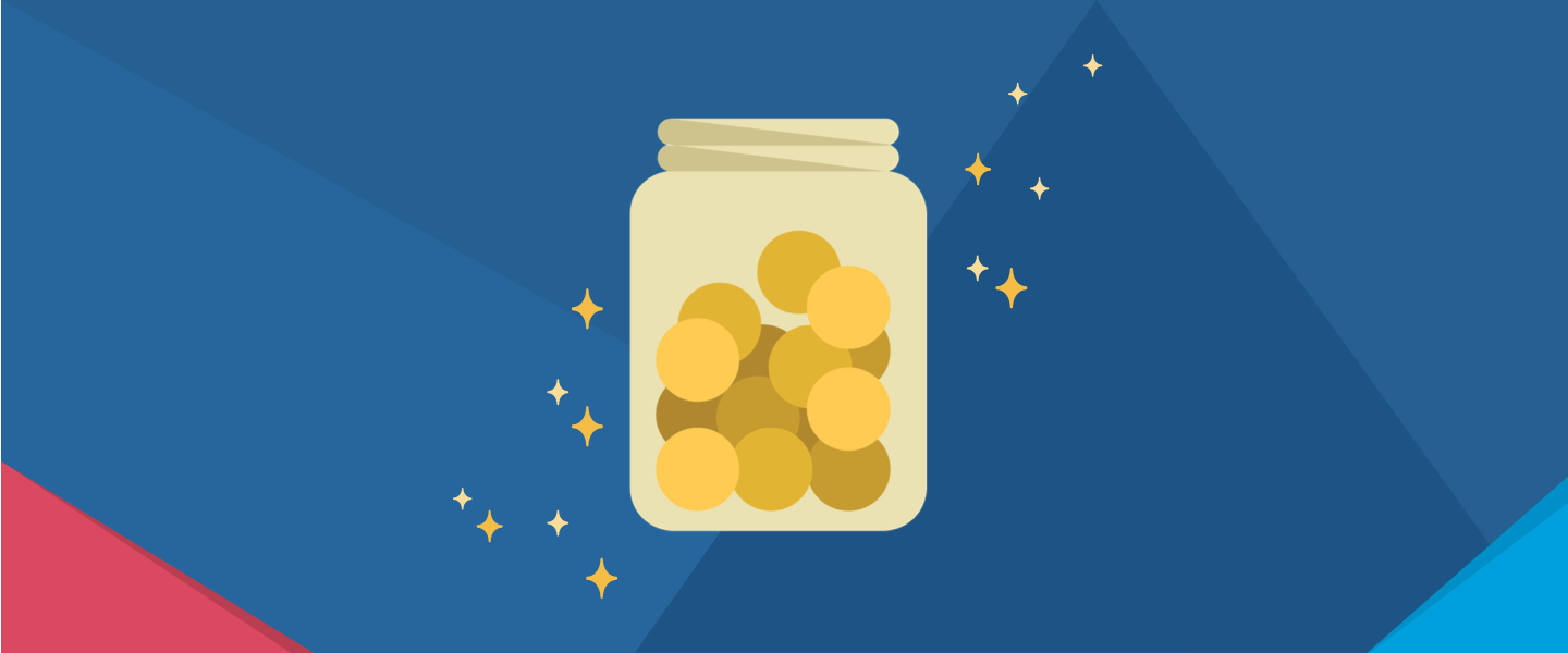 Cartoon, shiny jar of coins with decorative origami overlaid in the corners