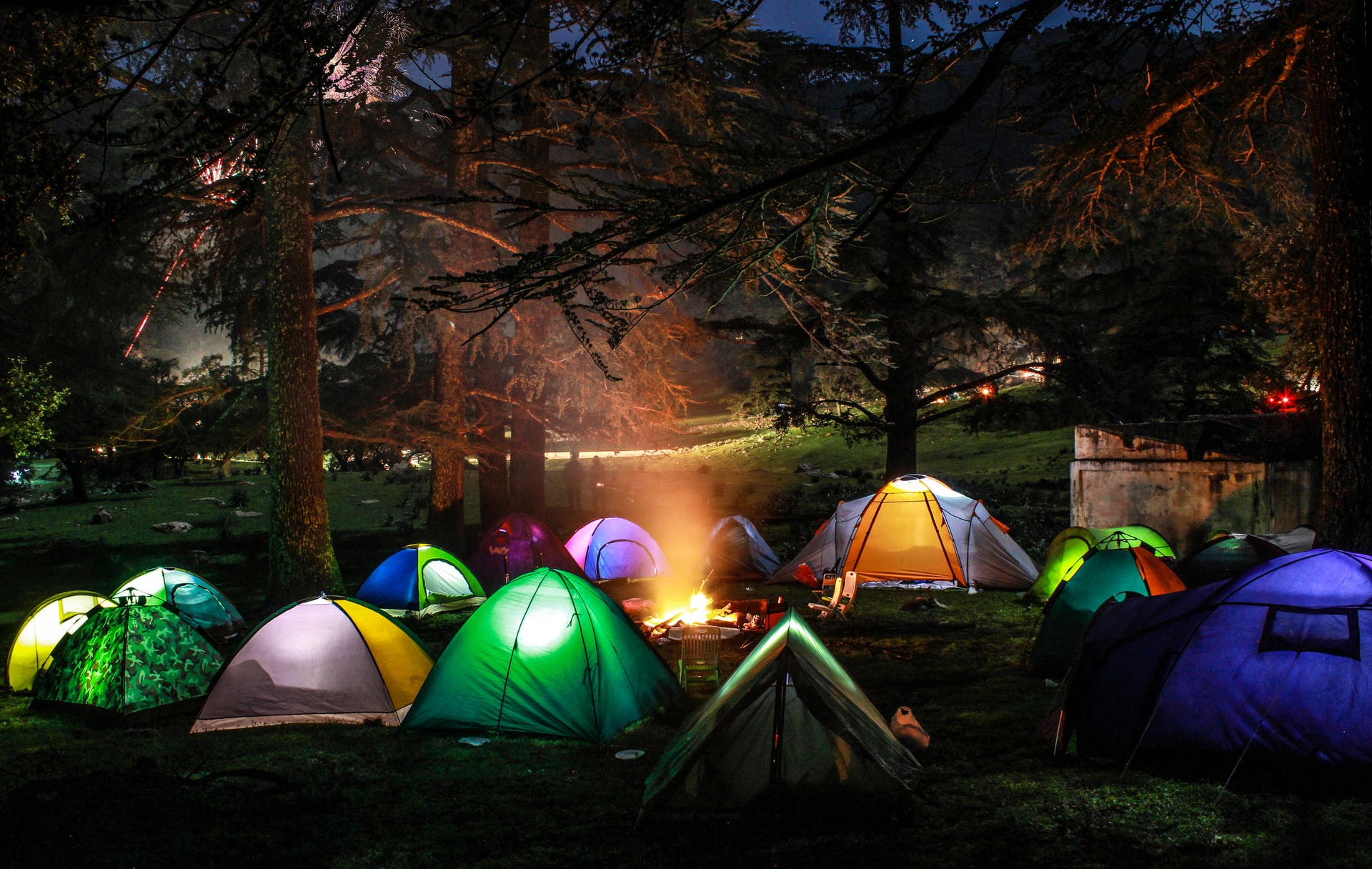 Tents in a campsite at night
